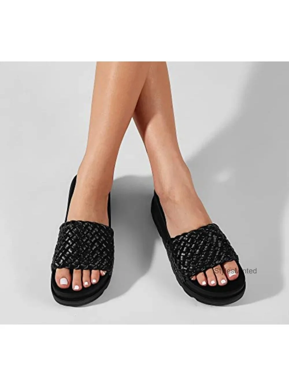 Women's Platform Slide Sandals - Braided Vegan PU Straps, Comfortable Slip-On